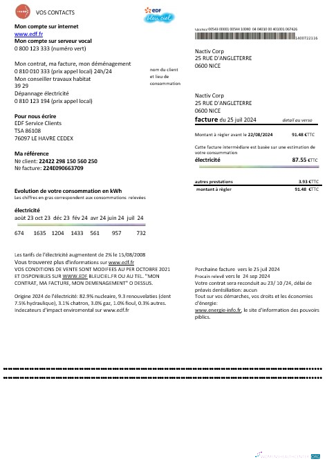 France EDF proof of address business utility bill template in Word and PDF formats